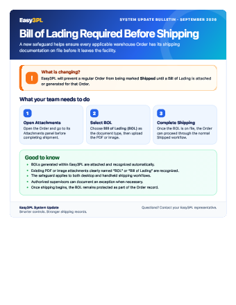 First page of Product update: BOL required before shipping