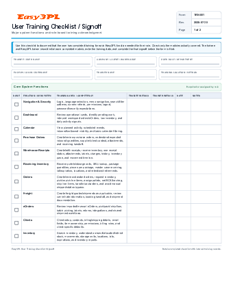 First page of New user training checklist