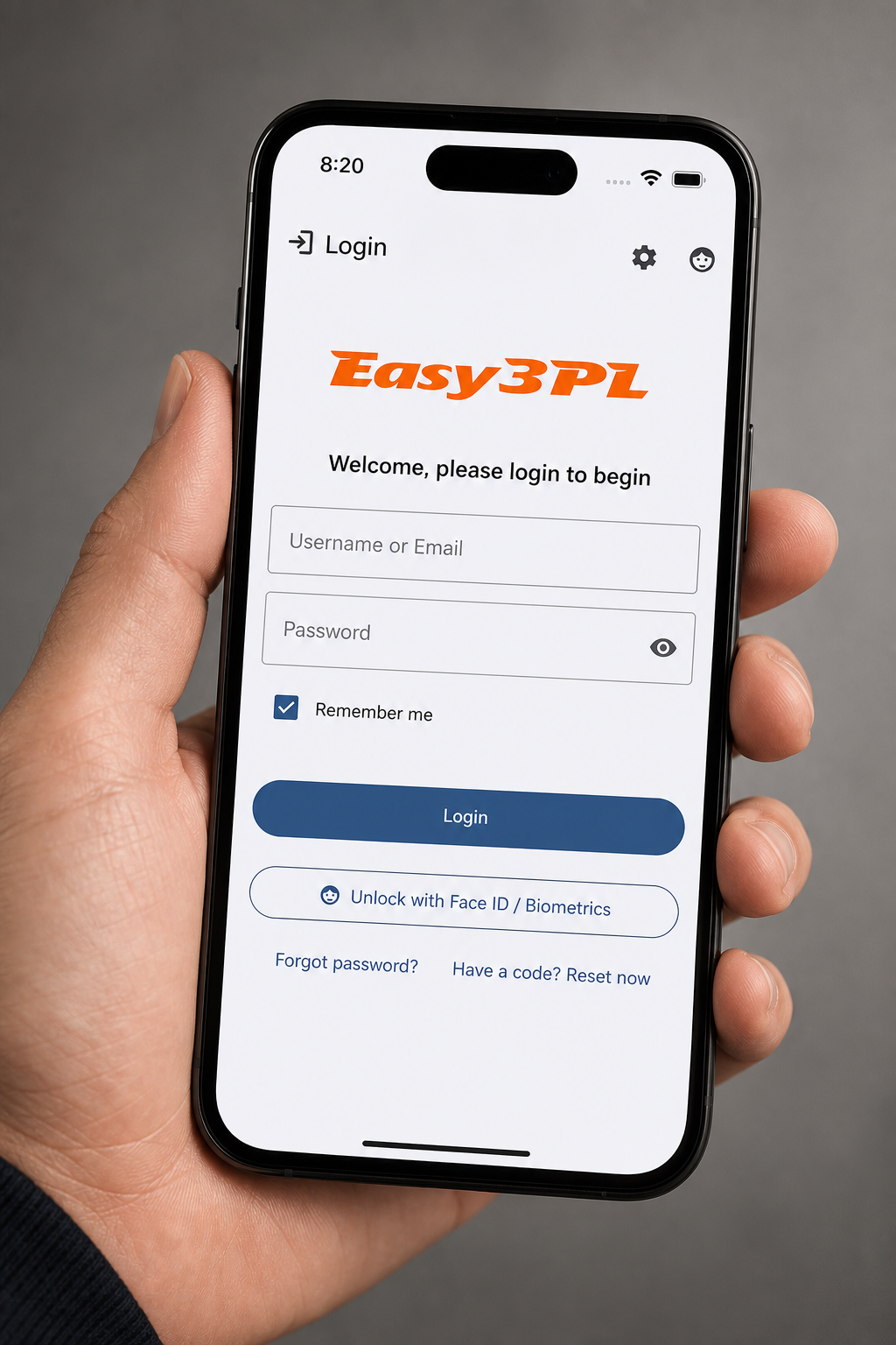 Easy3PL mobile app login screen on a handheld phone