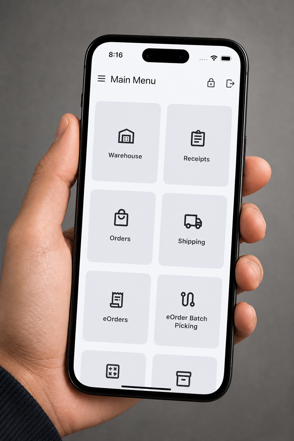 Easy3PL mobile app main menu with warehouse, receipts, orders, shipping, and eOrder batch picking